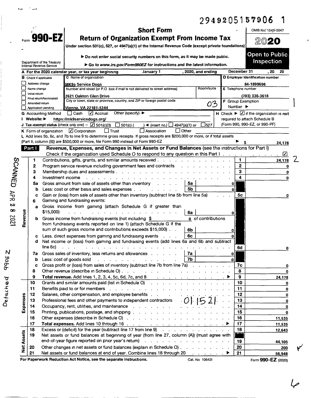 Image of first page of 2020 Form 990EZ for MK9s Service Dogs