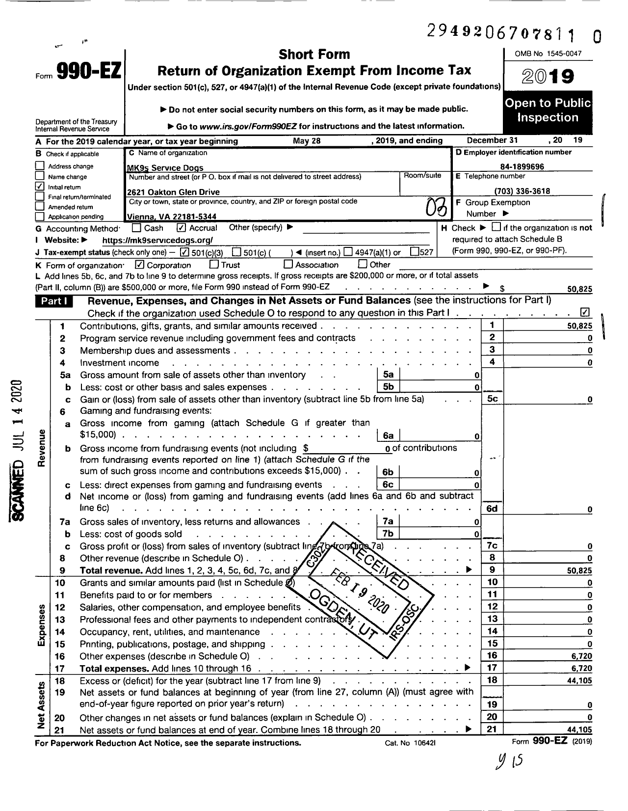 Image of first page of 2019 Form 990EZ for MK9s Service Dogs