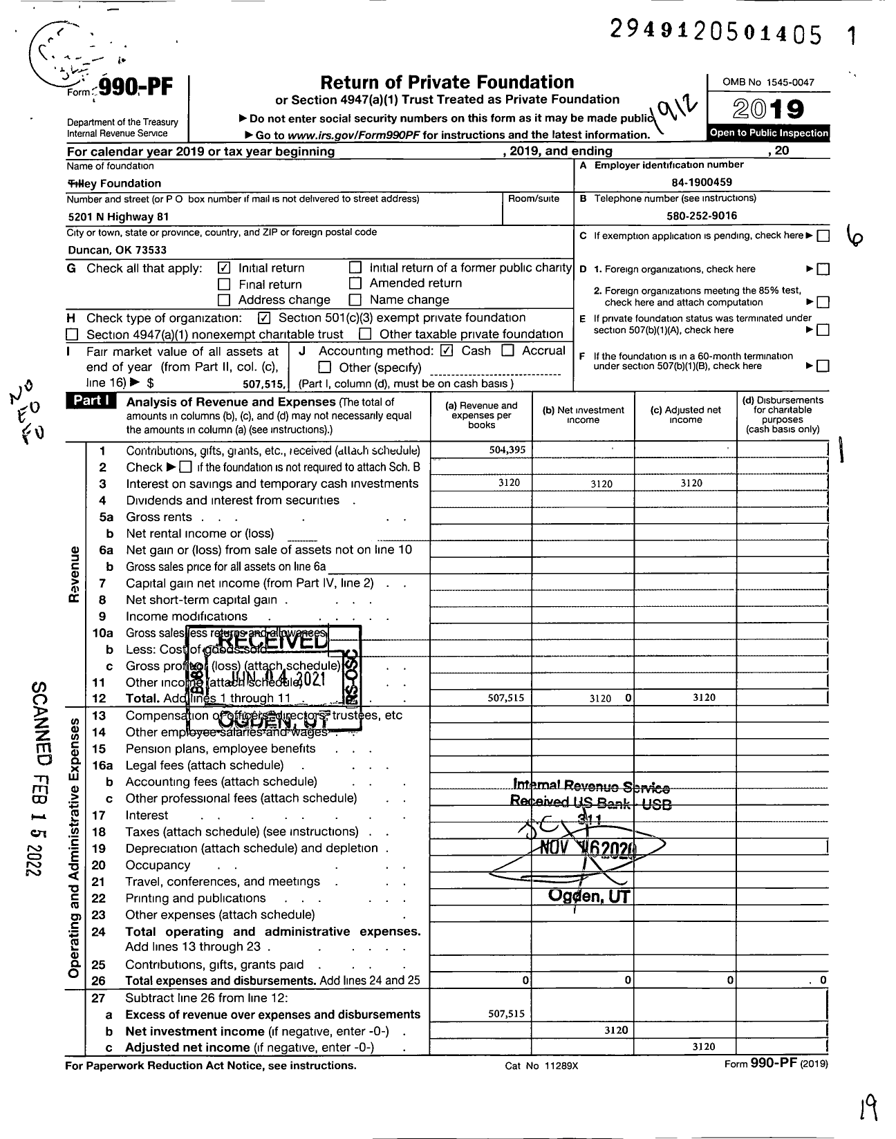 Image of first page of 2019 Form 990PF for Tilley Foundation