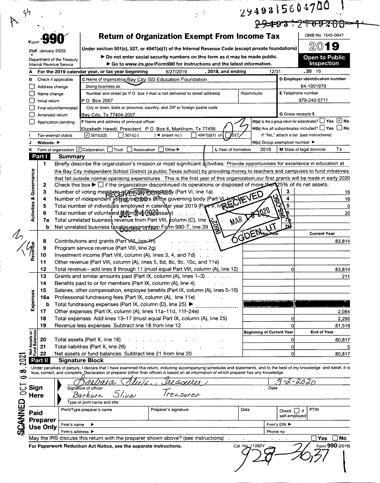 Image of first page of 2019 Form 990 for Bay City Isd Education Foundation