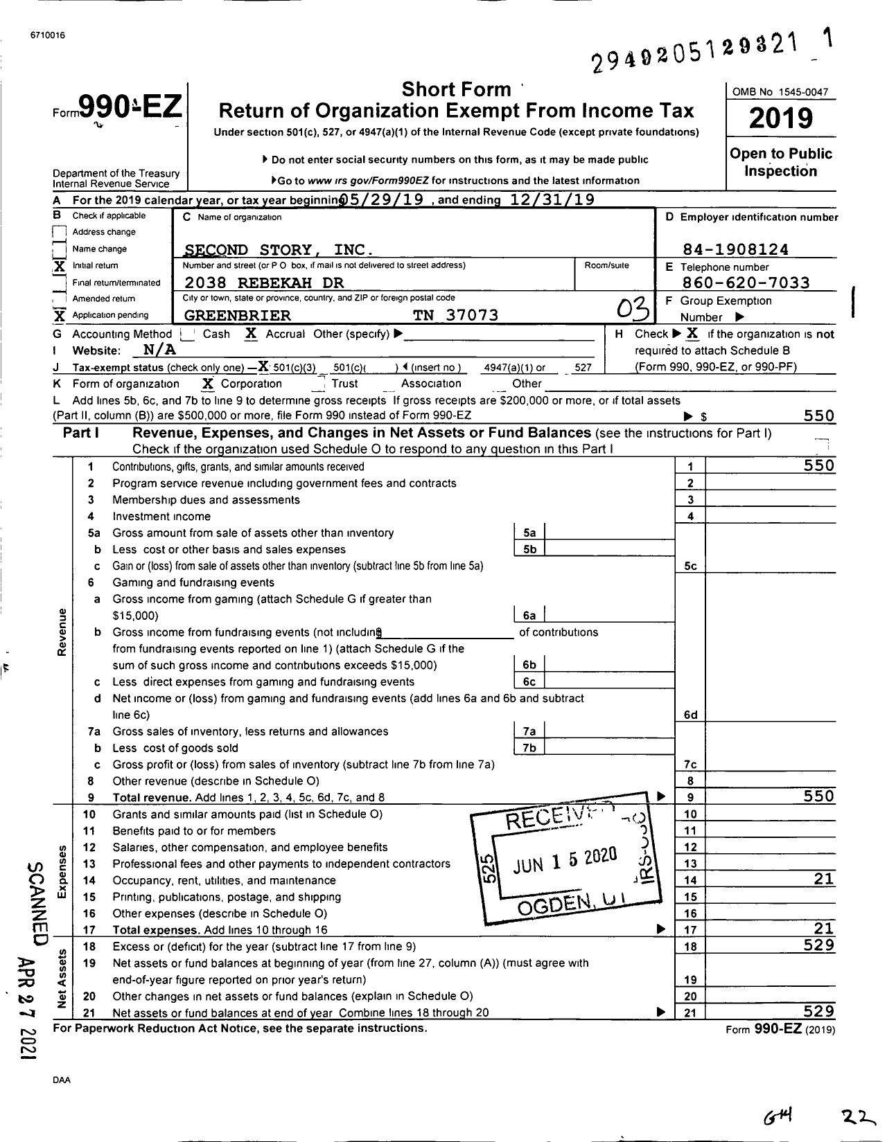 Image of first page of 2019 Form 990EZ for Second Story