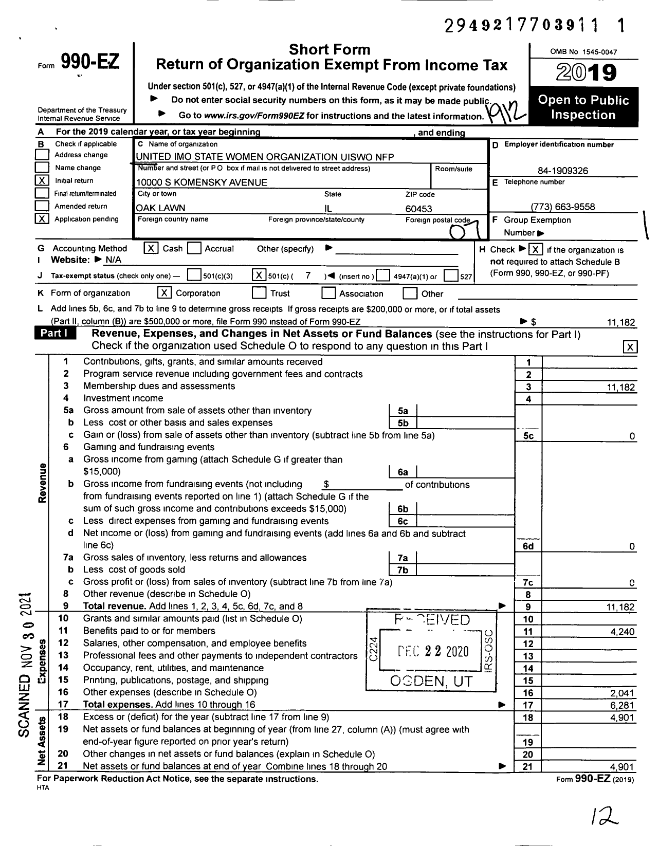 Image of first page of 2019 Form 990EO for United Imo State Women Organization Uiswo NFP