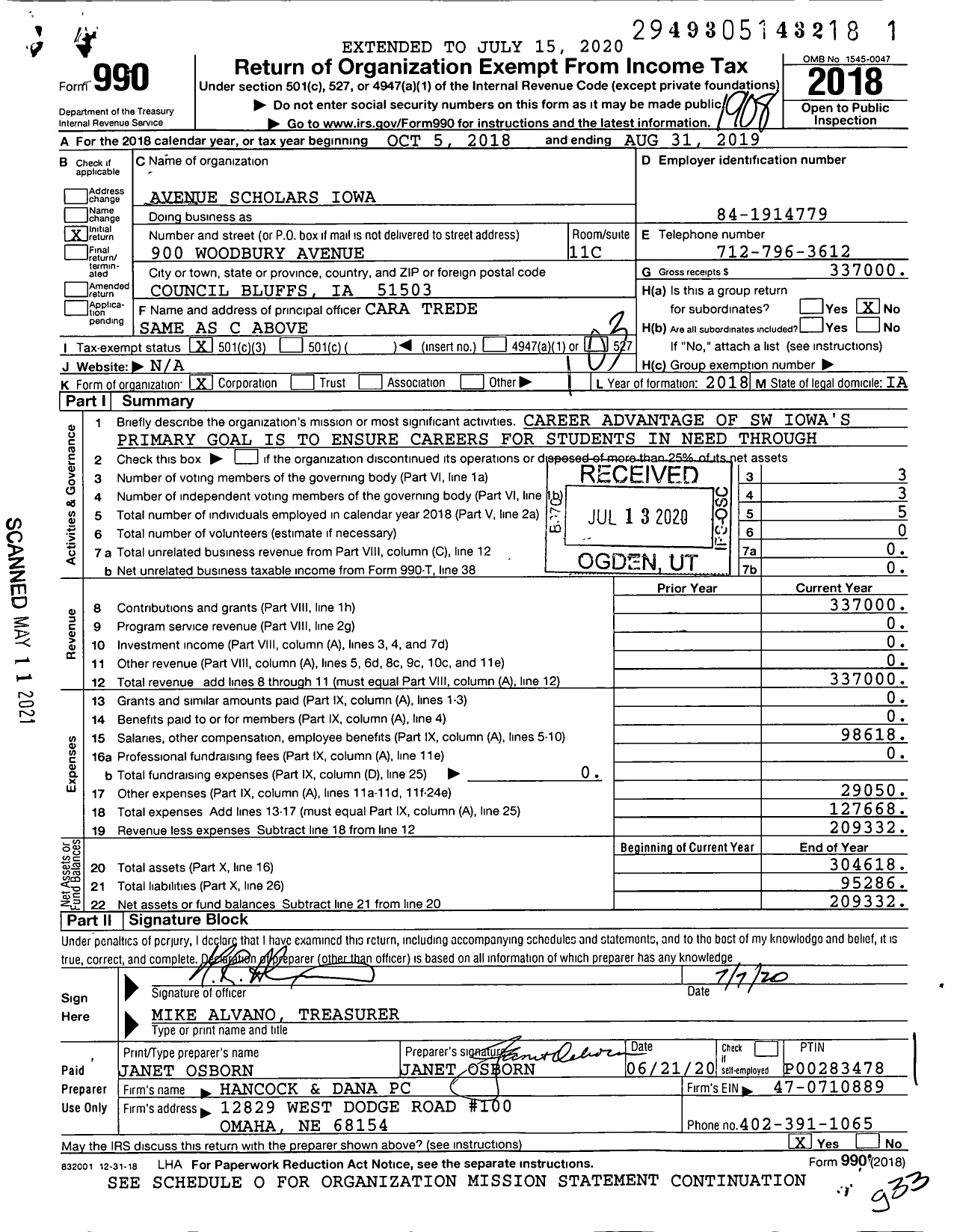 Image of first page of 2018 Form 990 for Avenue Scholars Iowa