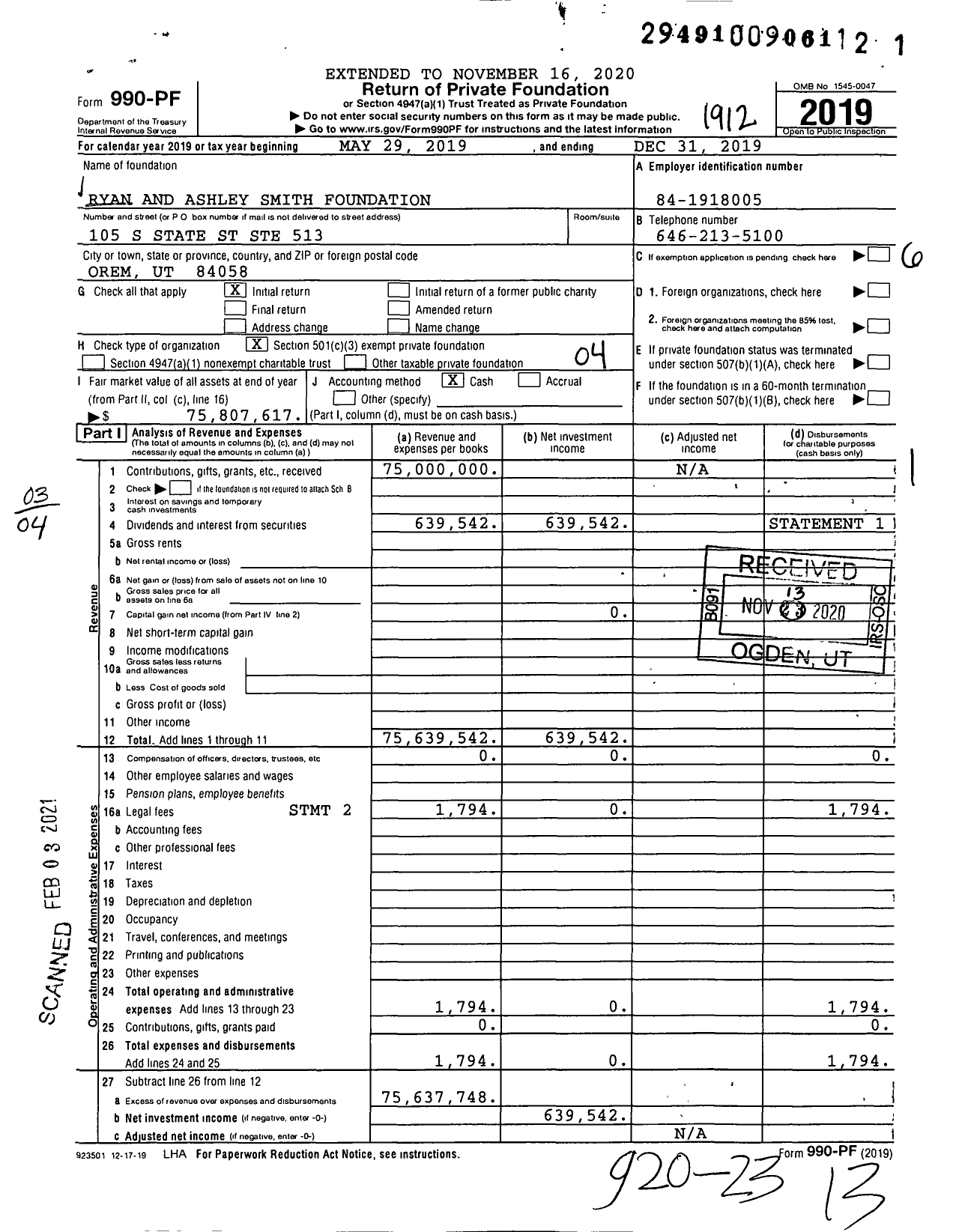 Image of first page of 2019 Form 990PF for Ryan and Ashley Smith Foundation