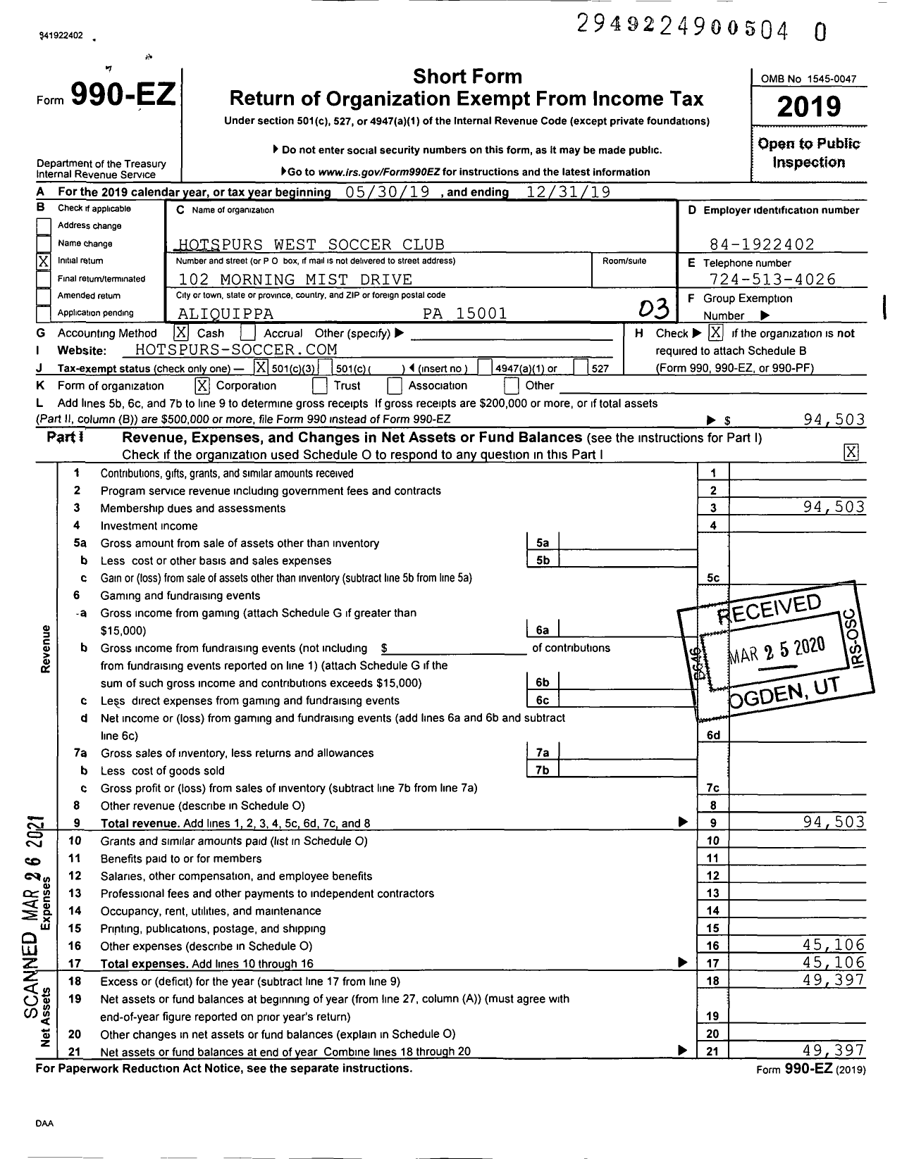 Image of first page of 2019 Form 990EZ for Hotspurs West Soccer Club