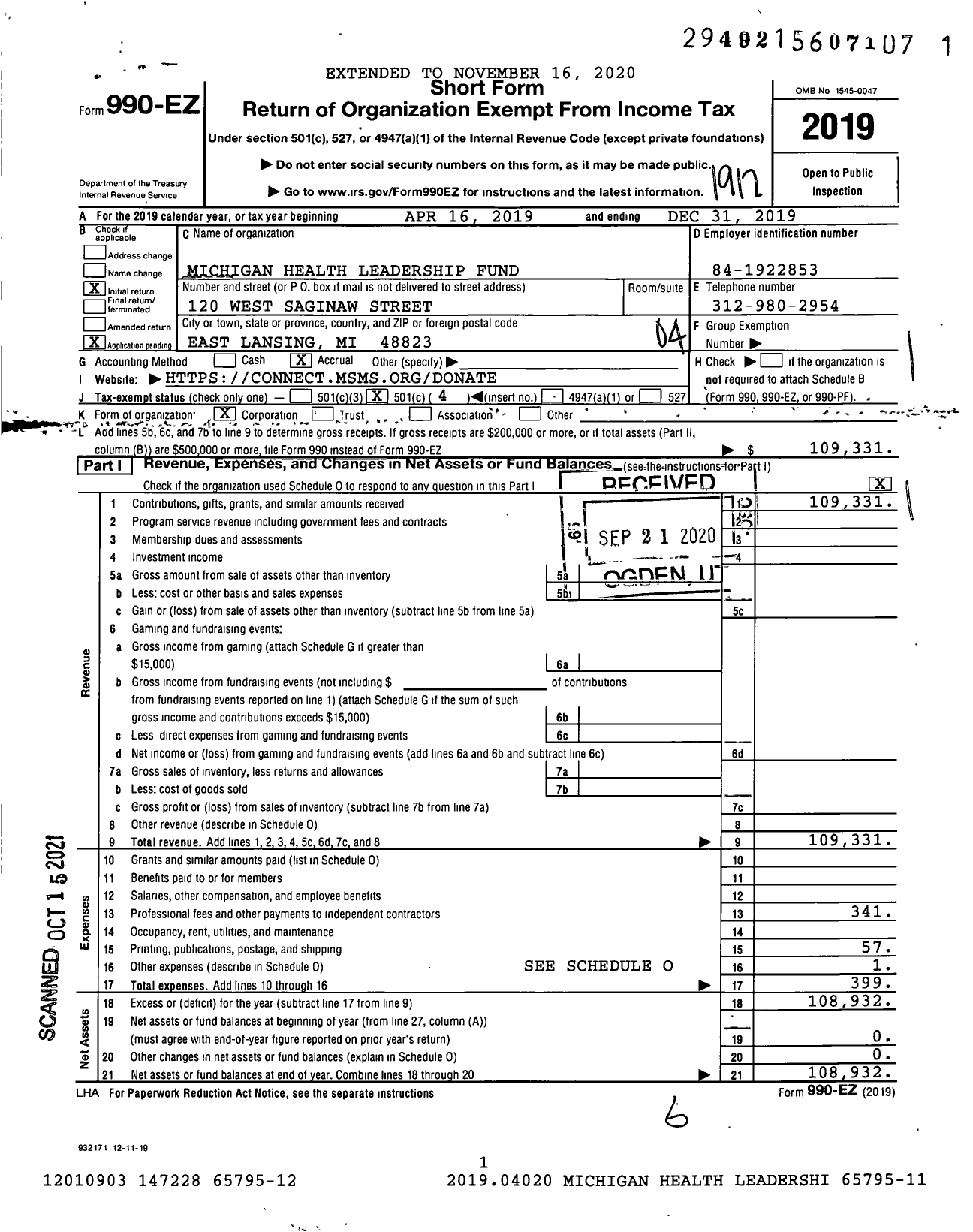 Image of first page of 2019 Form 990EO for Michigan Health Leadership Fund (MHLF)