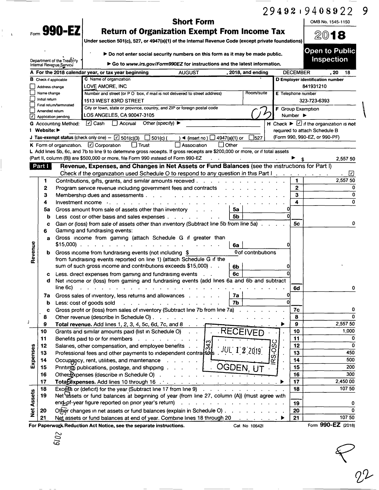 Image of first page of 2018 Form 990EZ for Love Amore LLC / Brenda Leslie