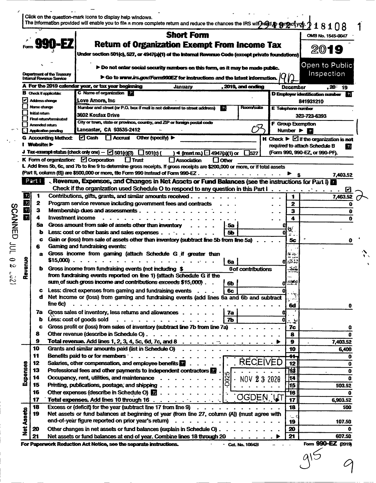 Image of first page of 2019 Form 990EZ for Love Amore LLC / Brenda Leslie