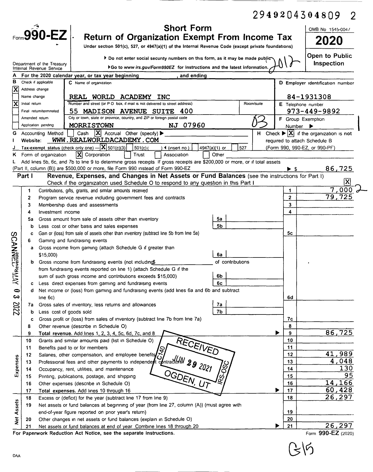 Image of first page of 2020 Form 990EZ for Real World Academy