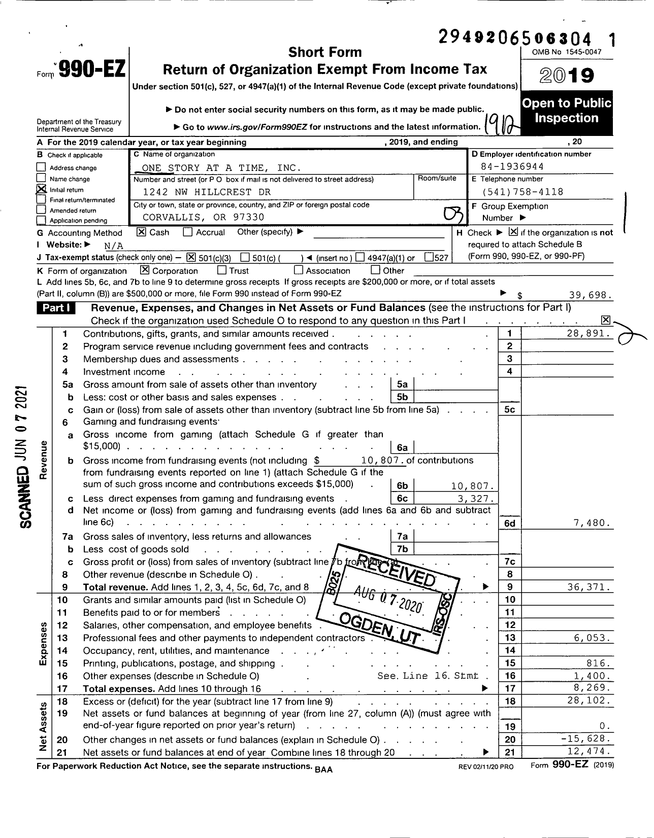 Image of first page of 2019 Form 990EZ for One Story at a Time