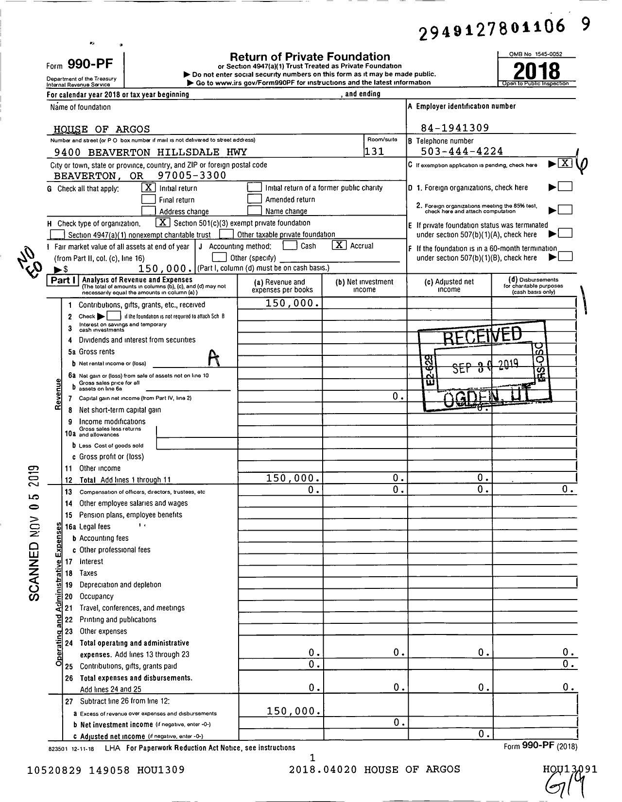 Image of first page of 2018 Form 990PF for House of Argos