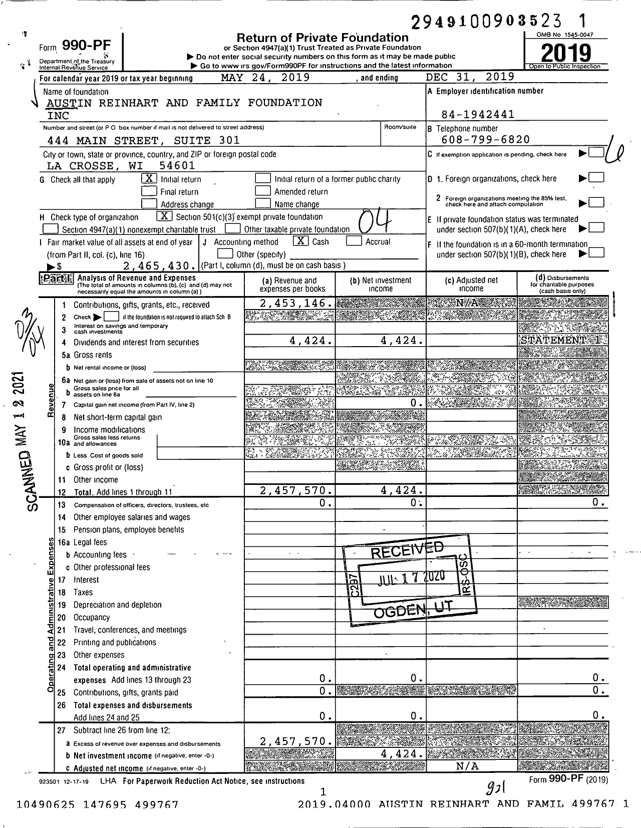 Image of first page of 2019 Form 990PF for Austin Reinhart and Family Foundation