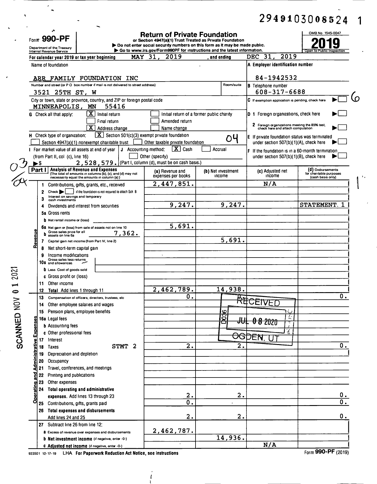 Image of first page of 2019 Form 990PF for Arr Family Foundation