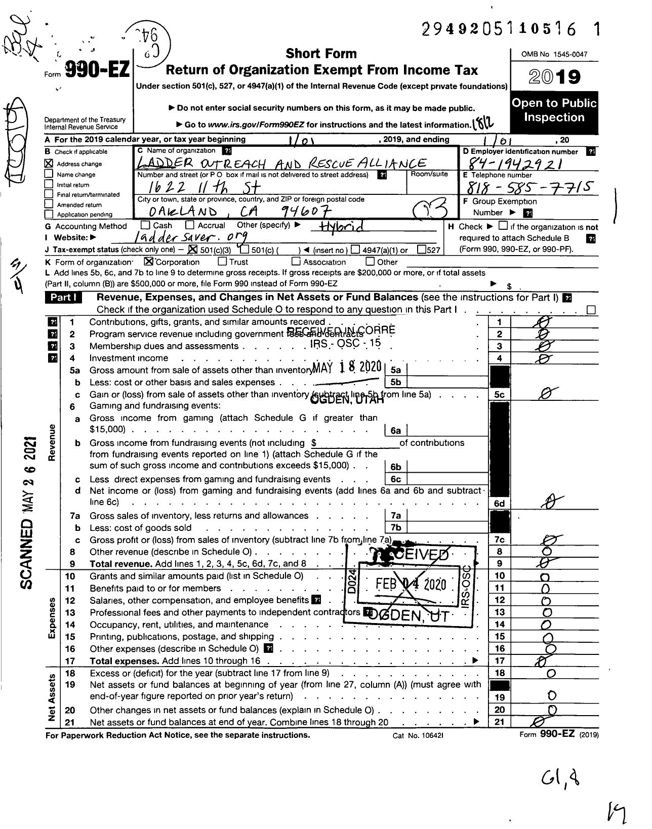 Image of first page of 2018 Form 990EZ for Ladder Outreach and Rescue Alliance