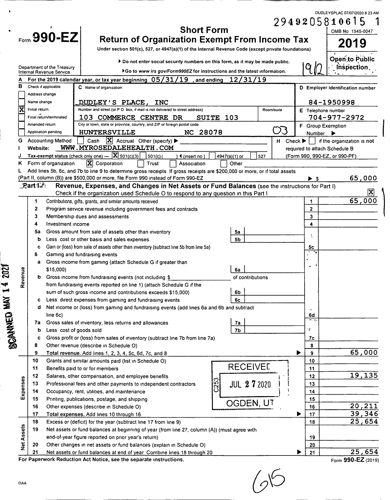 Image of first page of 2019 Form 990EZ for Dudley's Place