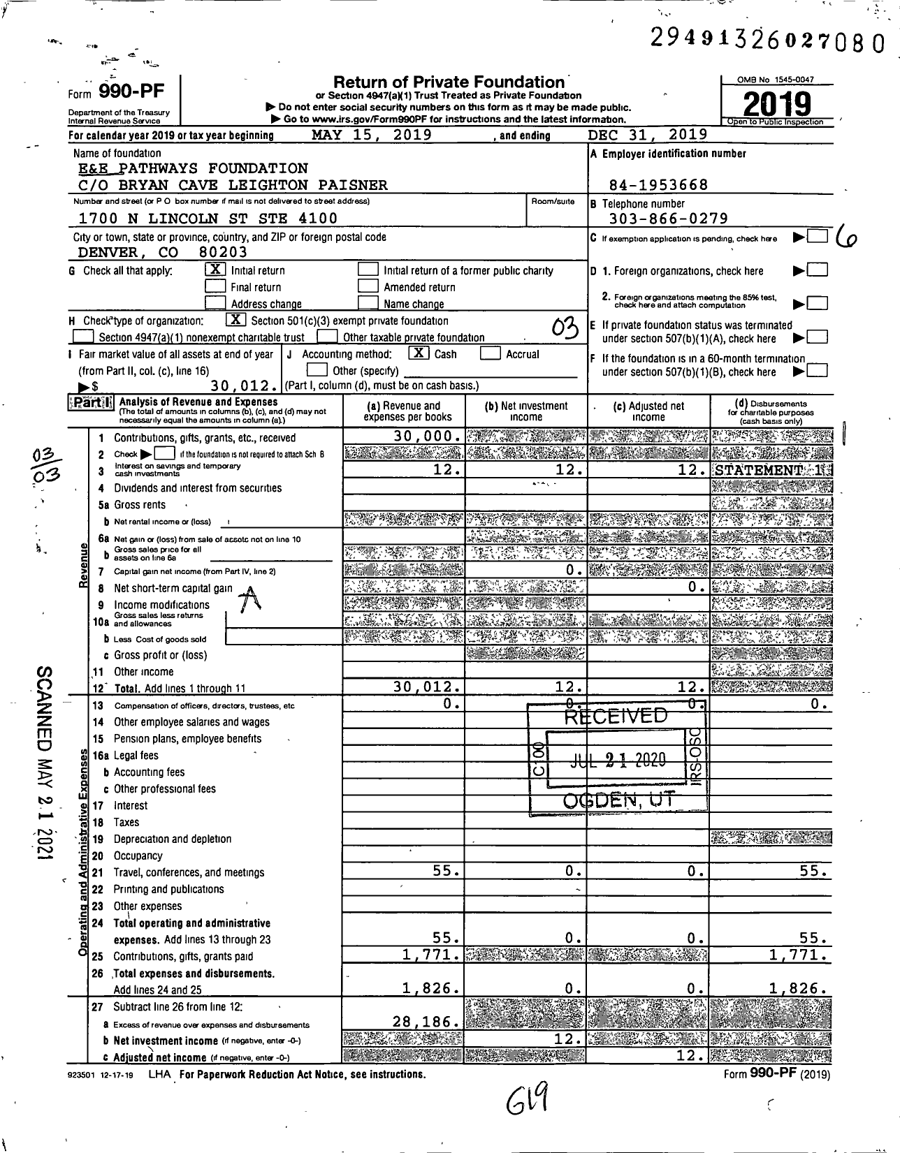 Image of first page of 2019 Form 990PF for E&e Pathways Foundation