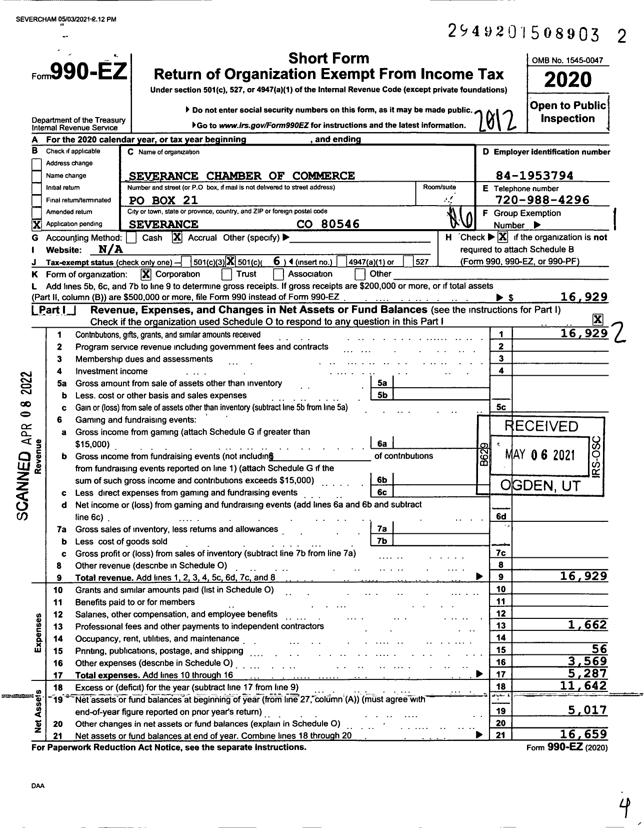 Image of first page of 2020 Form 990EO for Severance Chamber of Commerce