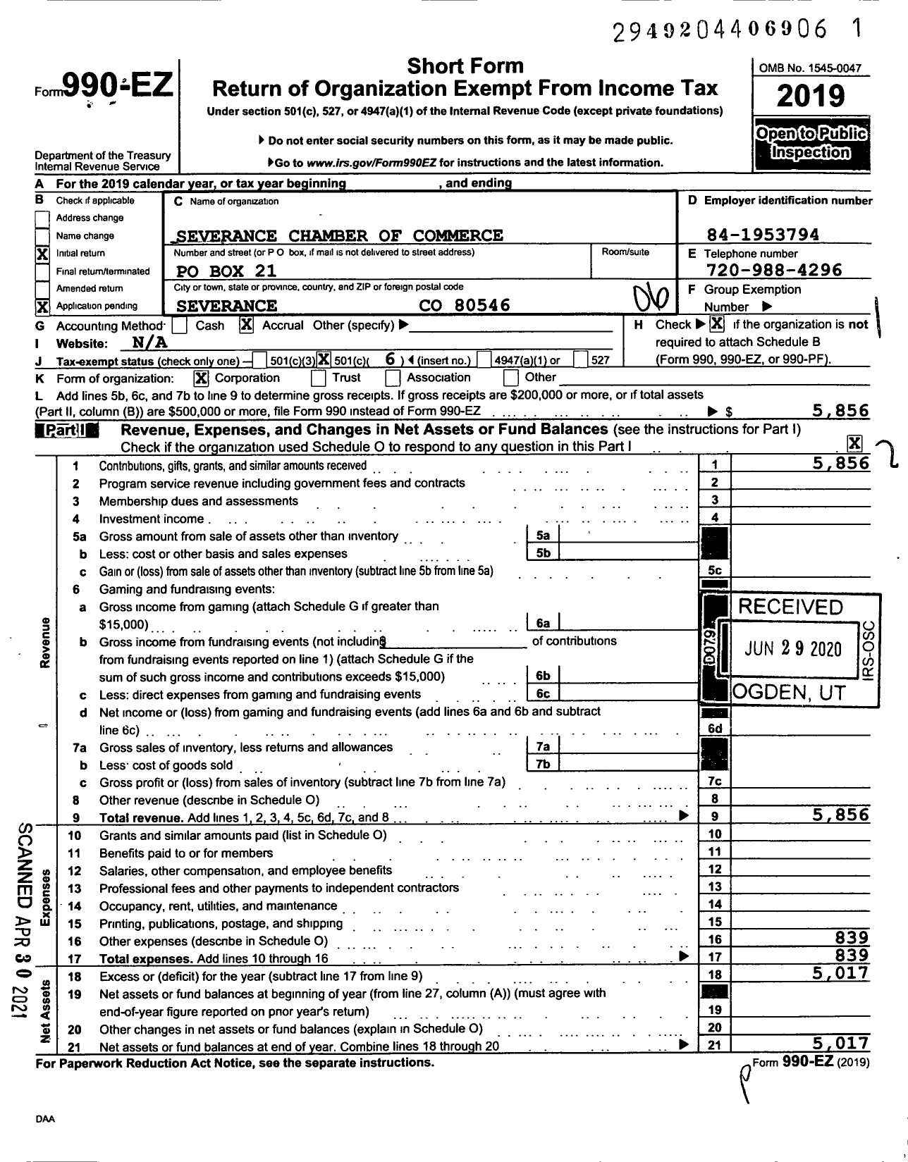 Image of first page of 2019 Form 990EO for Severance Chamber of Commerce