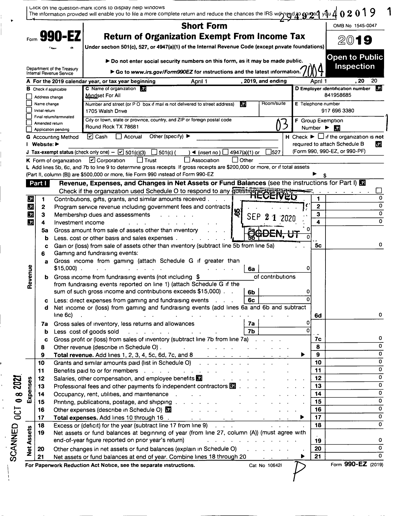 Image of first page of 2019 Form 990EZ for Mindset for All