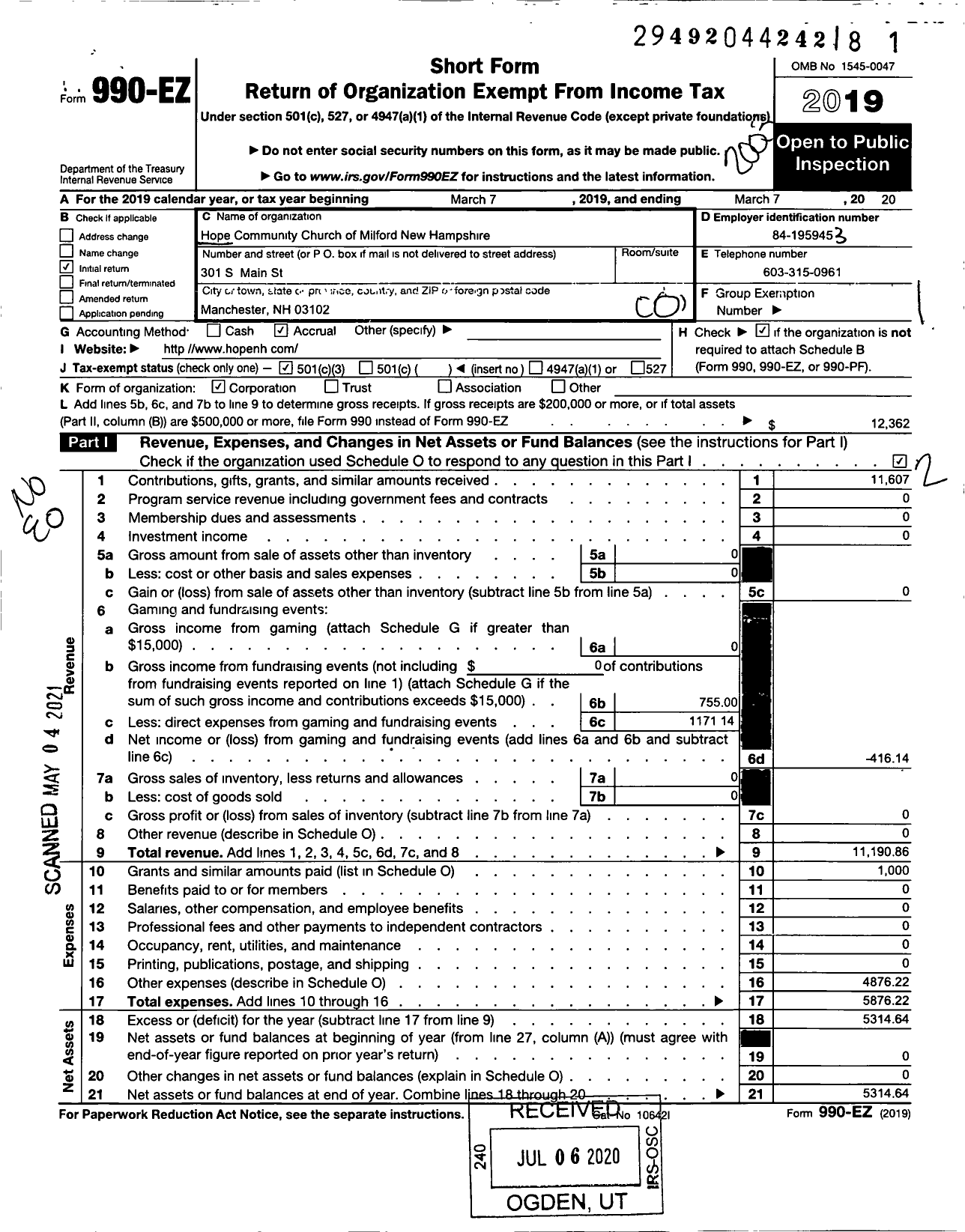 Image of first page of 2019 Form 990EO for Hope Community Church of Milford New Hampshire