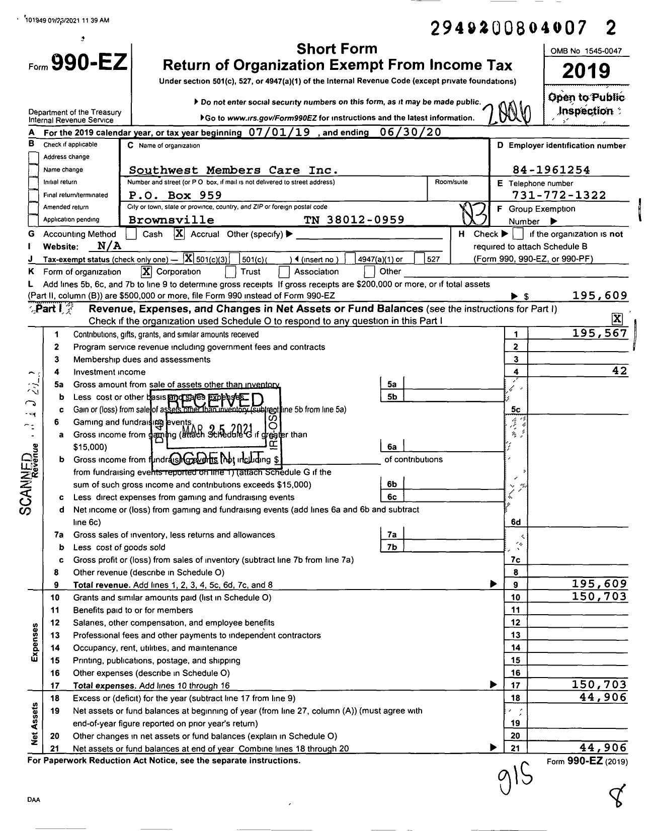 Image of first page of 2019 Form 990EZ for Southwest Members Care