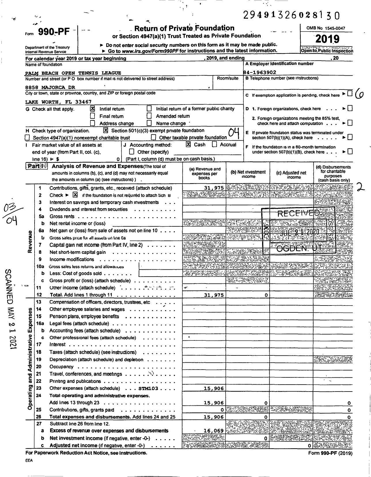 Image of first page of 2019 Form 990PF for Palm Beach Open Tennis League