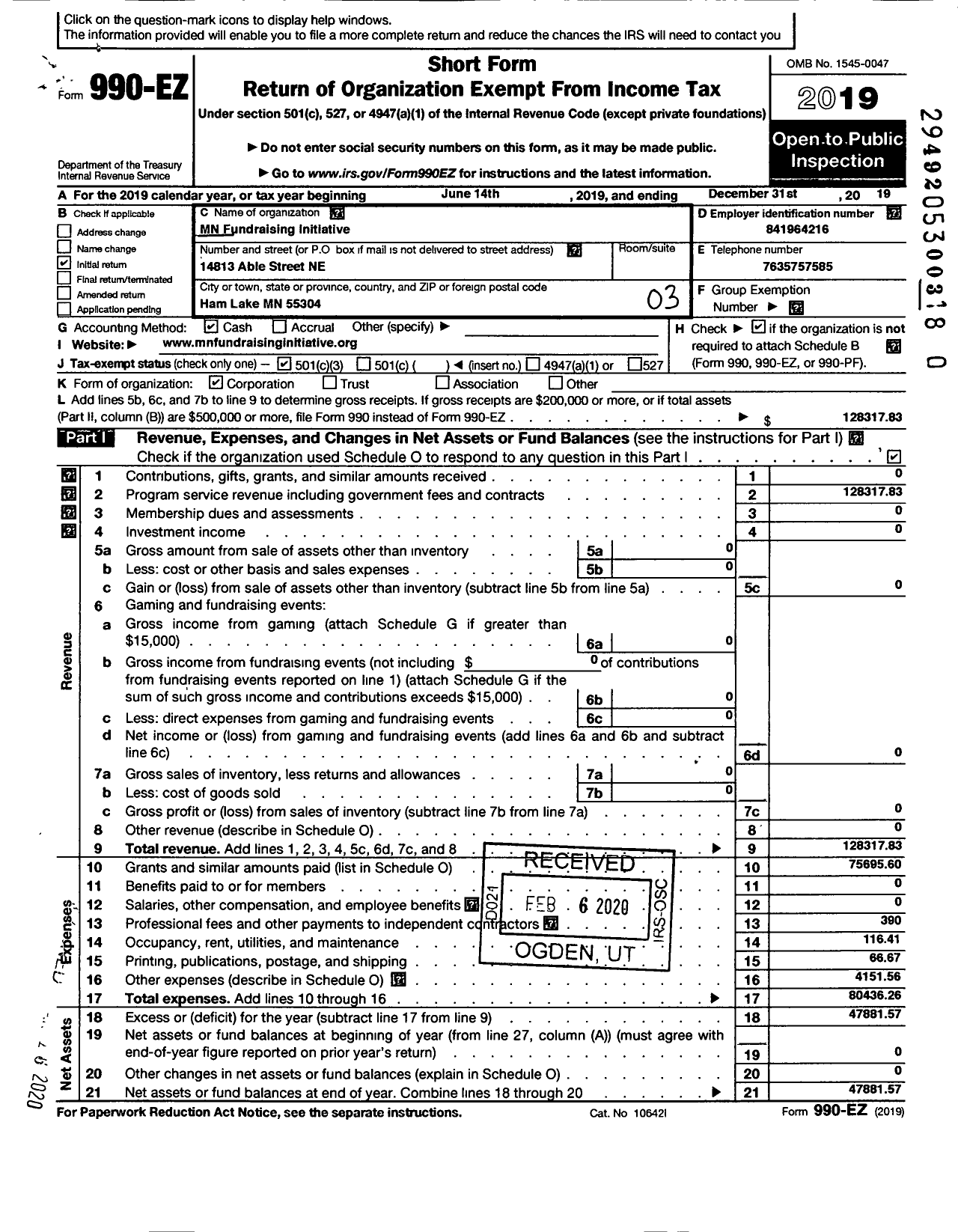 Image of first page of 2019 Form 990EZ for MN Fundraising Initiative