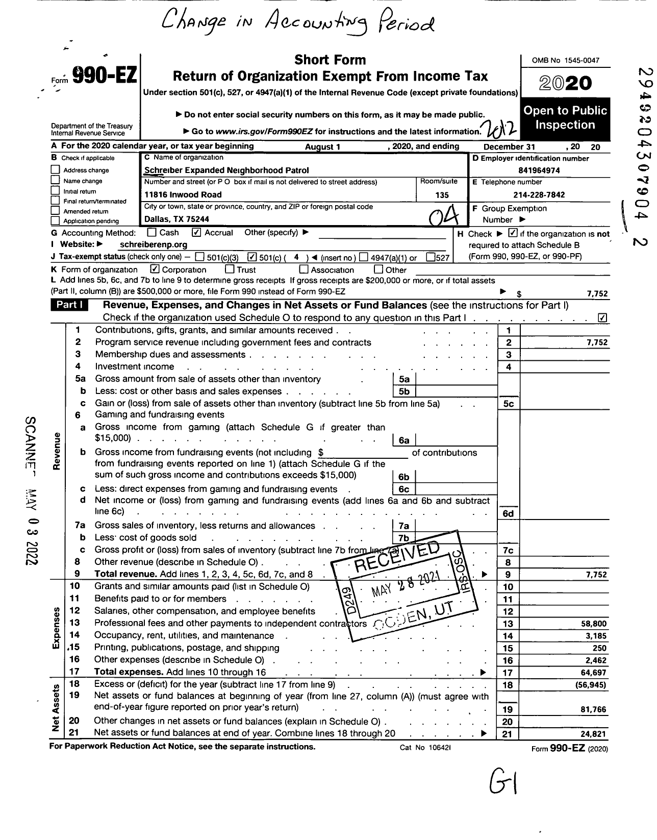 Image of first page of 2020 Form 990EO for Schreiber Expanded Neighborhood Patrol