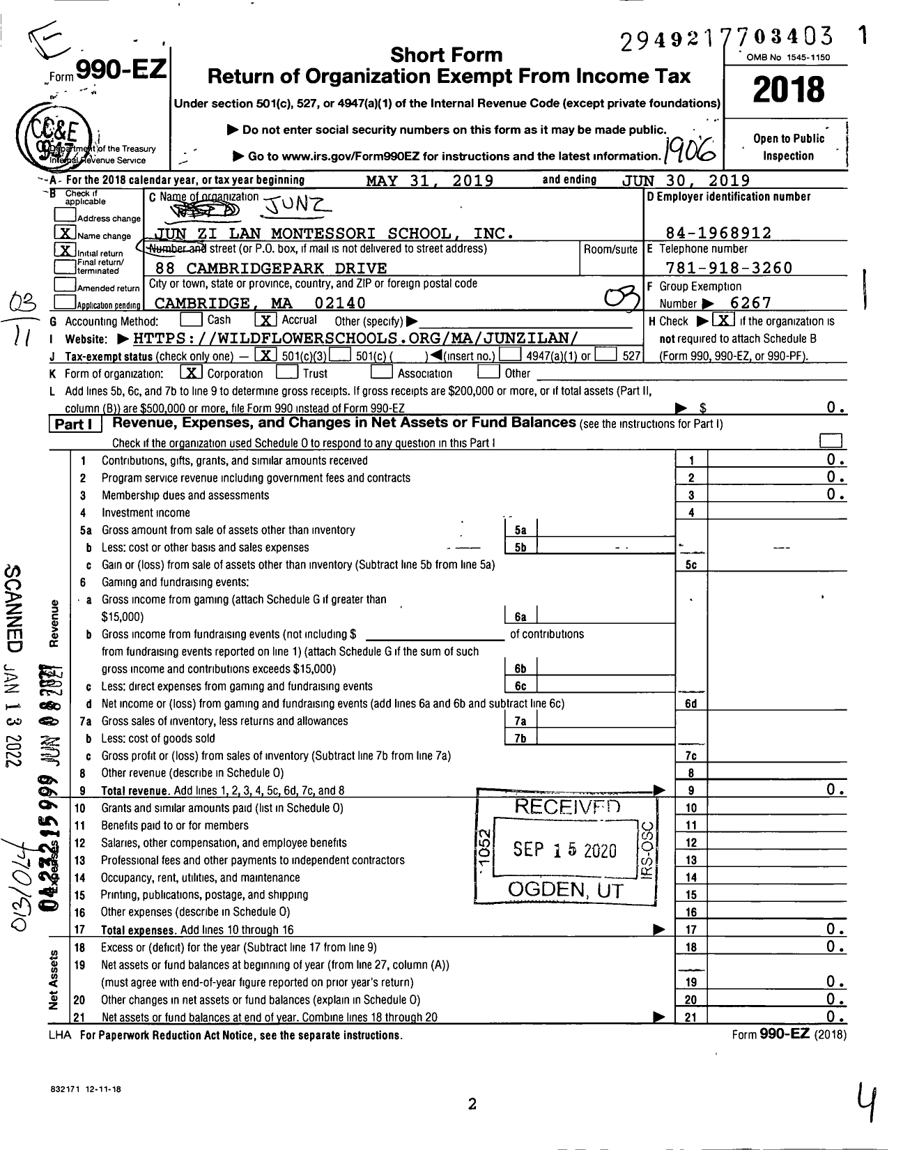 Image of first page of 2018 Form 990EZ for Jun Zi Lan Montessori School