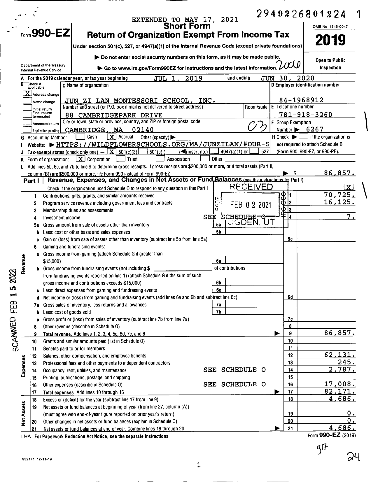 Image of first page of 2019 Form 990EZ for Jun Zi Lan Montessori School