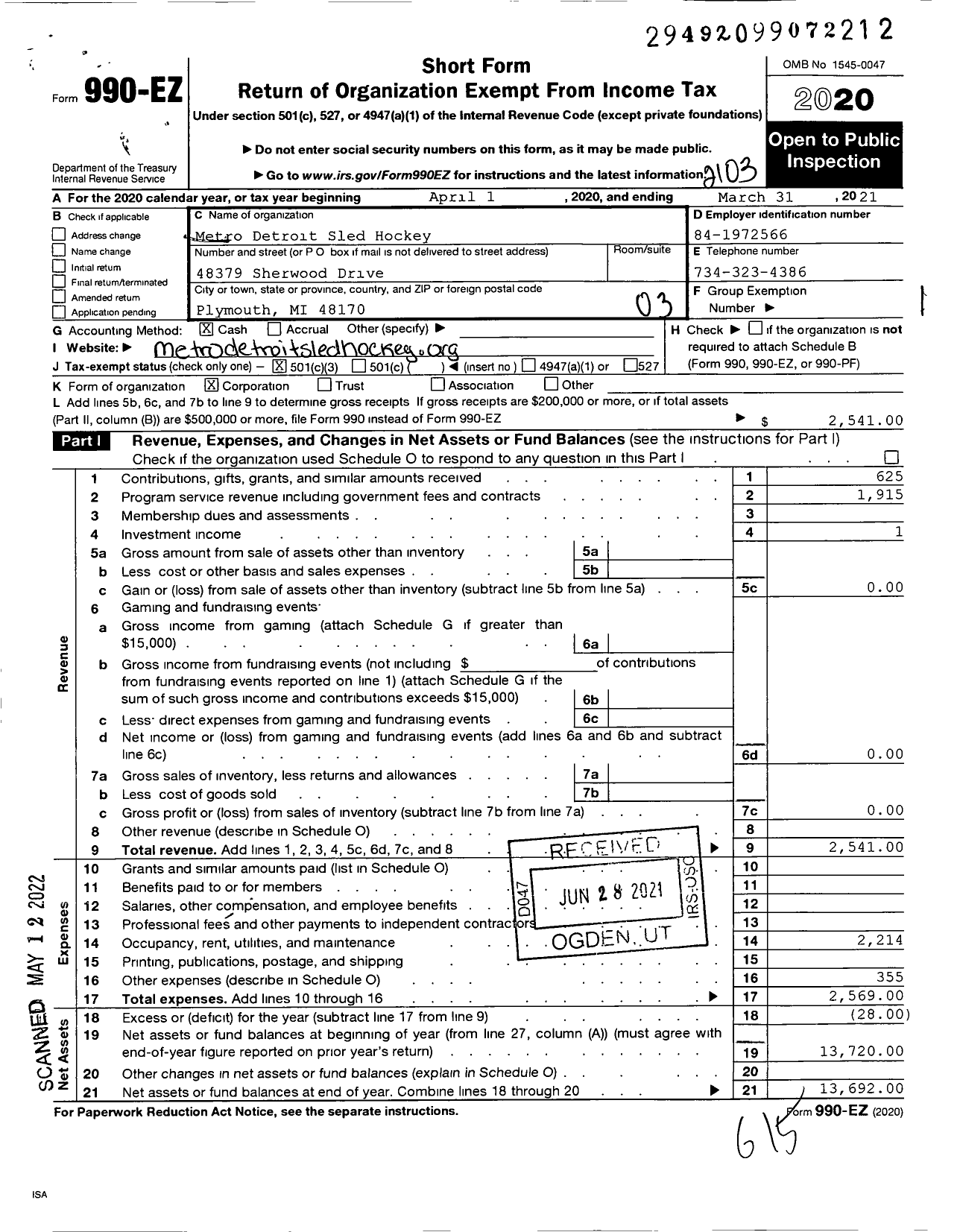 Image of first page of 2020 Form 990EZ for Metro Detroit Sled Hockey