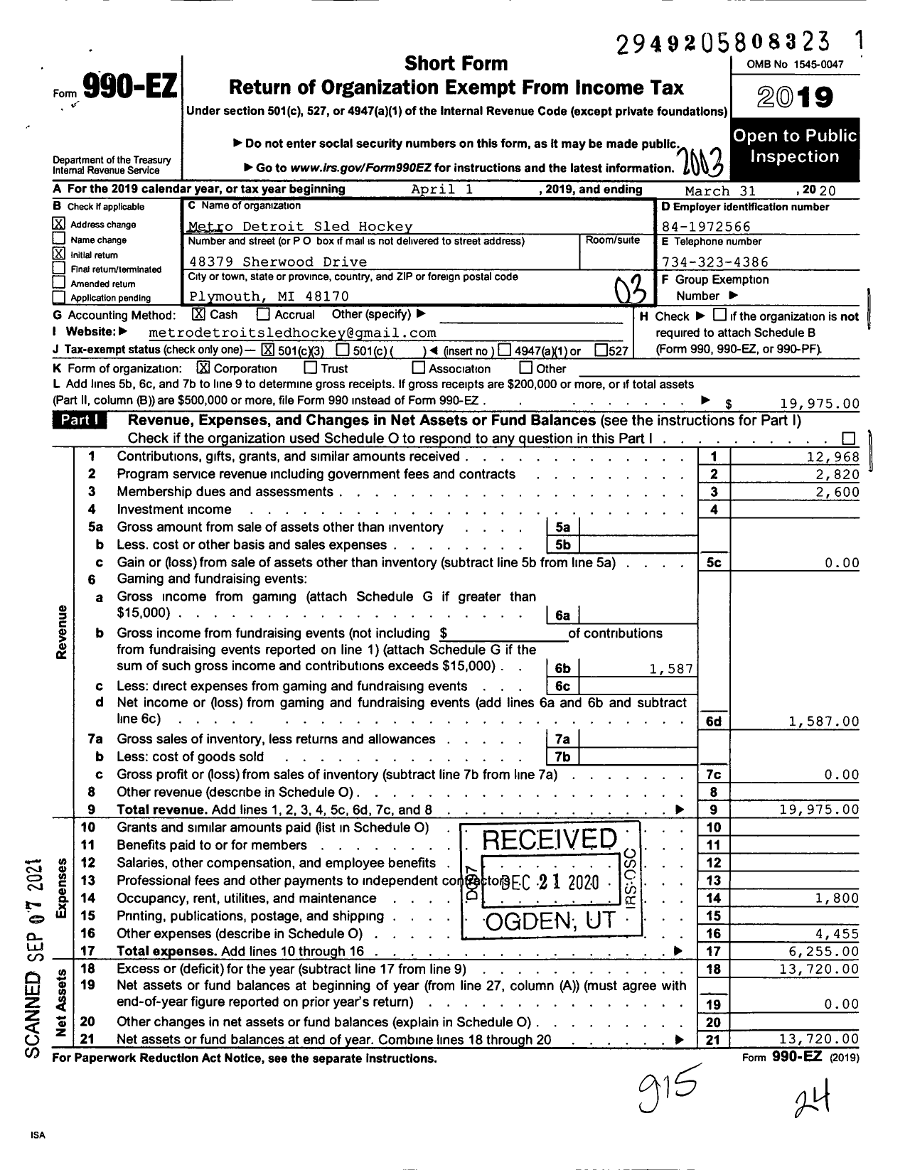 Image of first page of 2019 Form 990EZ for Metro Detroit Sled Hockey