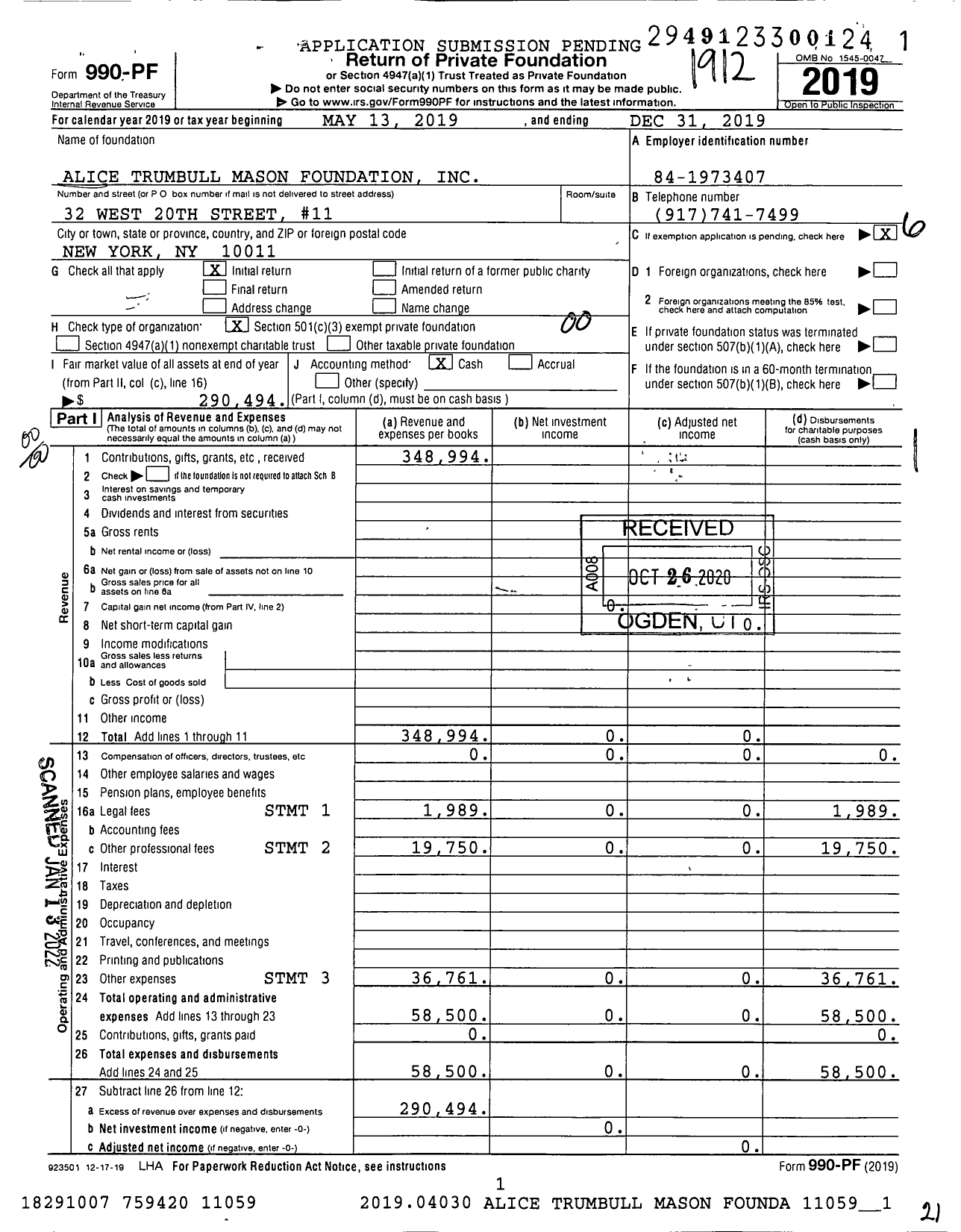 Image of first page of 2019 Form 990PF for Emily Mason and Alice Trumbull Mason Foundation