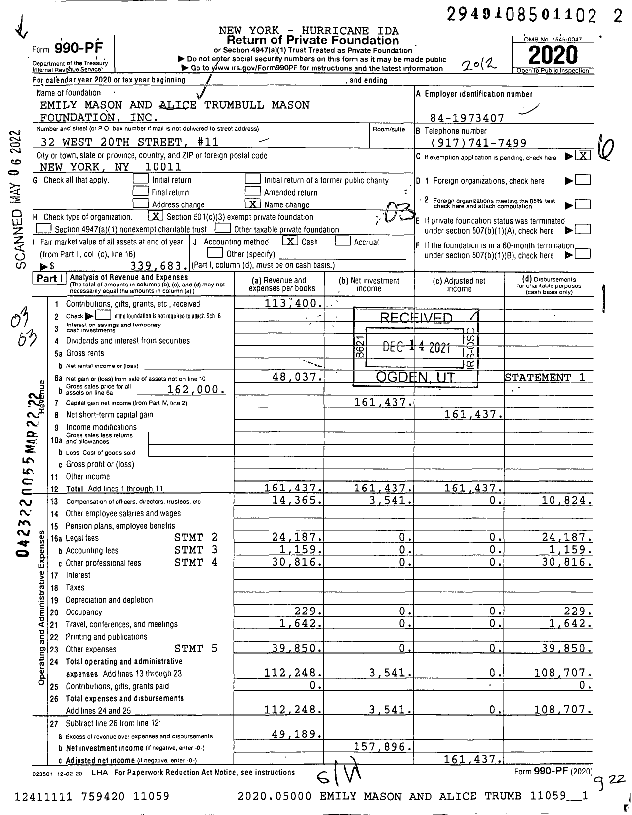 Image of first page of 2020 Form 990PF for Emily Mason and Alice Trumbull Mason Foundation