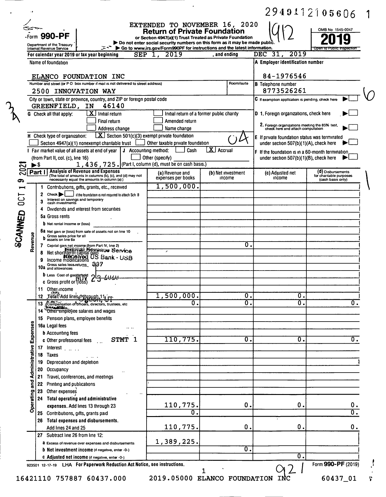 Image of first page of 2019 Form 990PF for Elanco Foundation