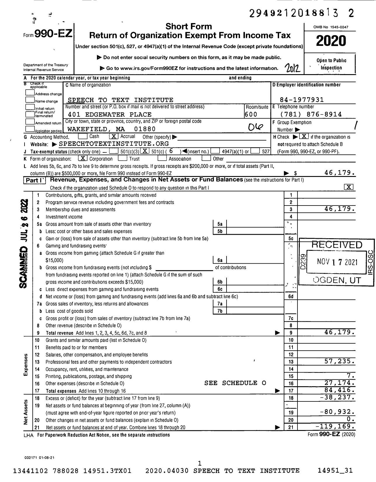 Image of first page of 2020 Form 990EO for Speech To Text Institute