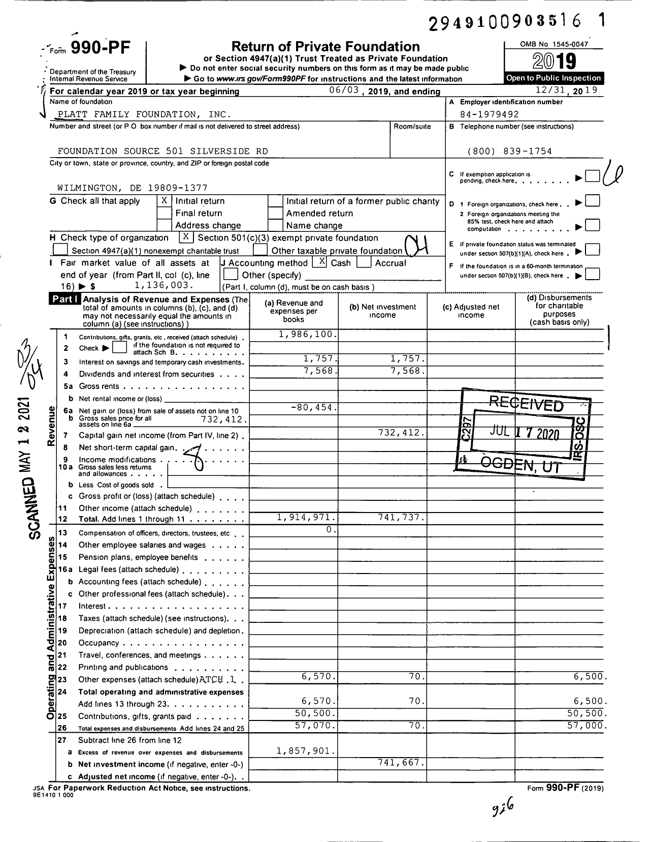 Image of first page of 2019 Form 990PF for Platt Family Foundation