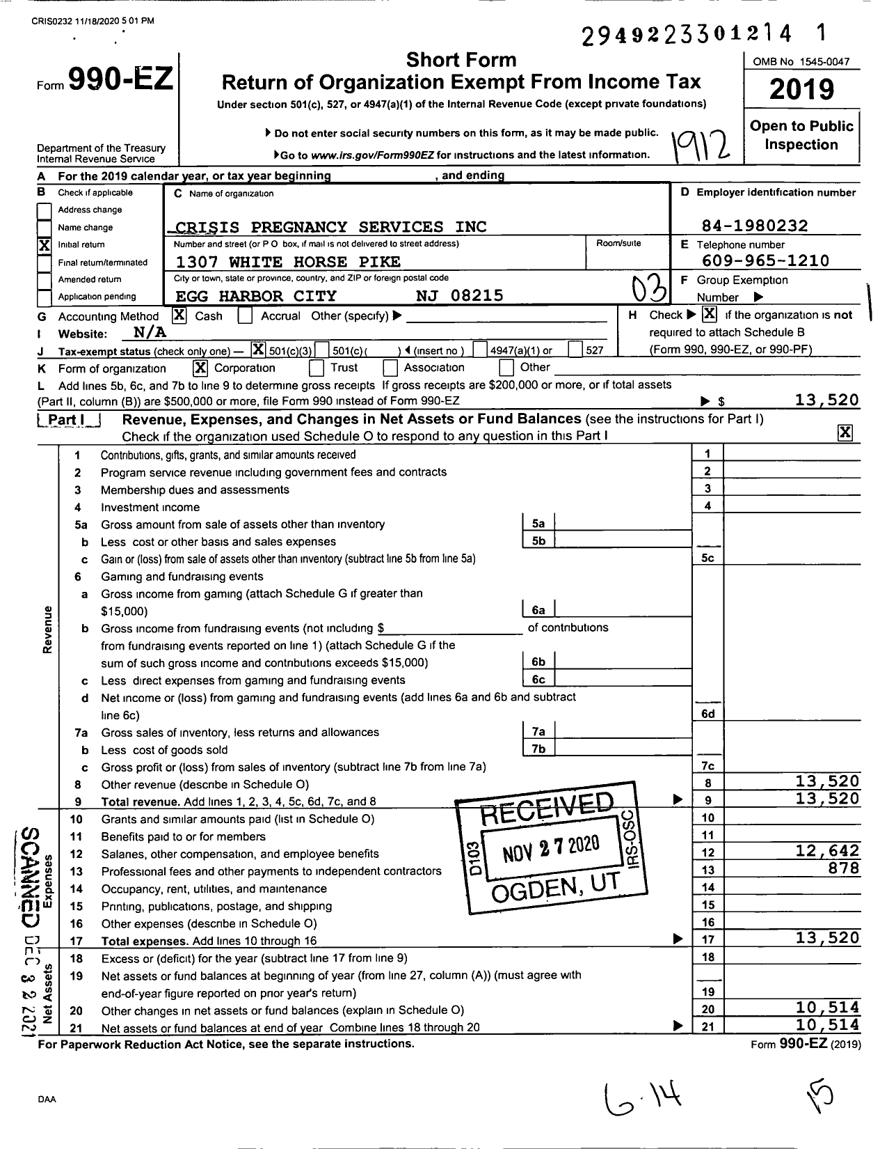 Image of first page of 2019 Form 990EZ for Crisis Pregnancy Services