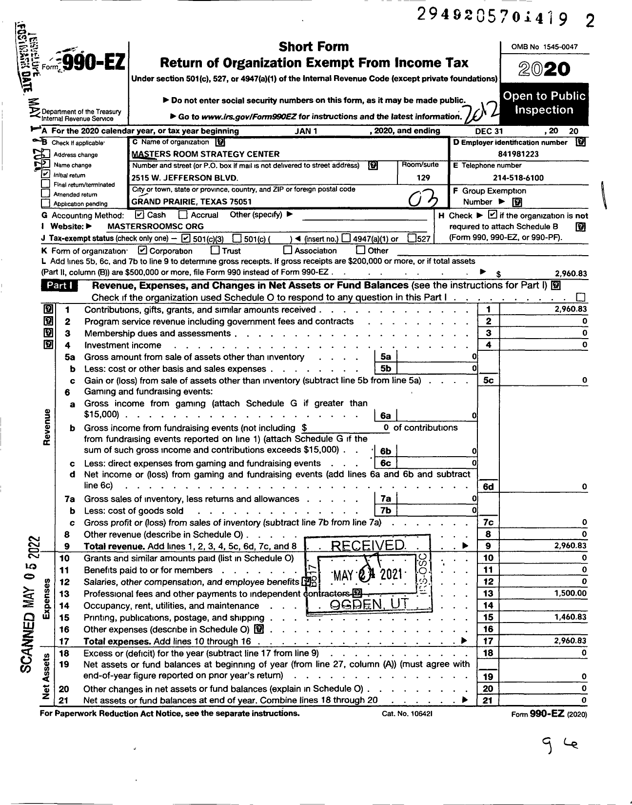 Image of first page of 2020 Form 990EZ for Masters Room Strategy Center