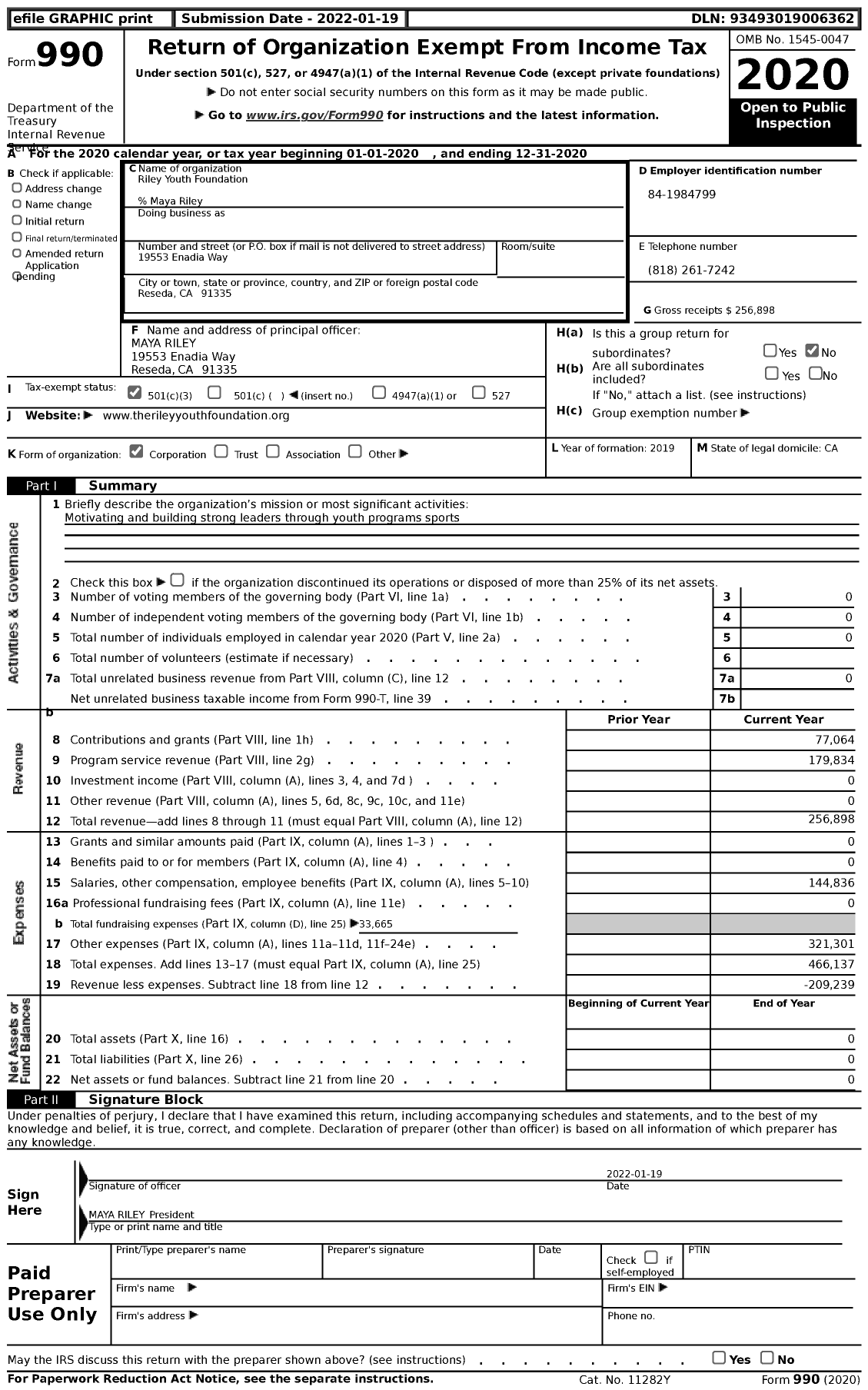 Image of first page of 2020 Form 990 for The Riley Youth Foundation