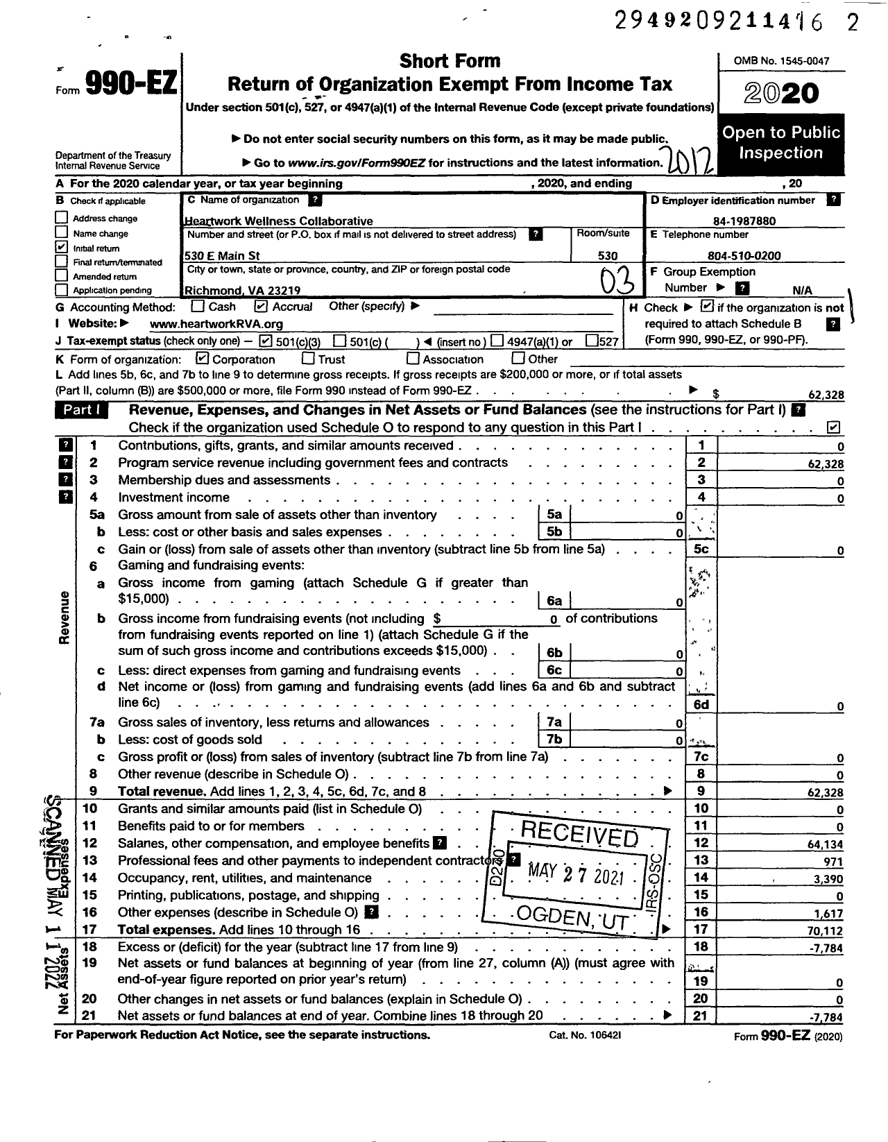Image of first page of 2020 Form 990EZ for Heartwork Wellness Collaborative