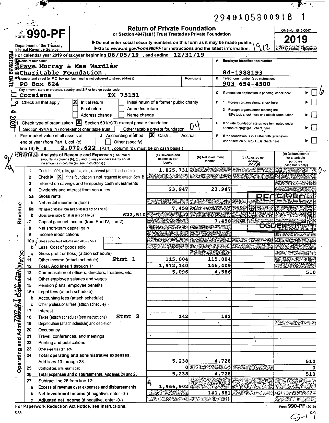 Image of first page of 2019 Form 990PF for Faye Murray and Mae Wardlaw Charitable Foundation