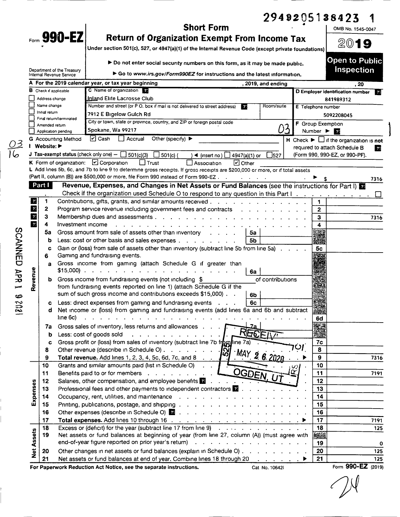 Image of first page of 2019 Form 990EZ for Inland Elite Lacrosse Team