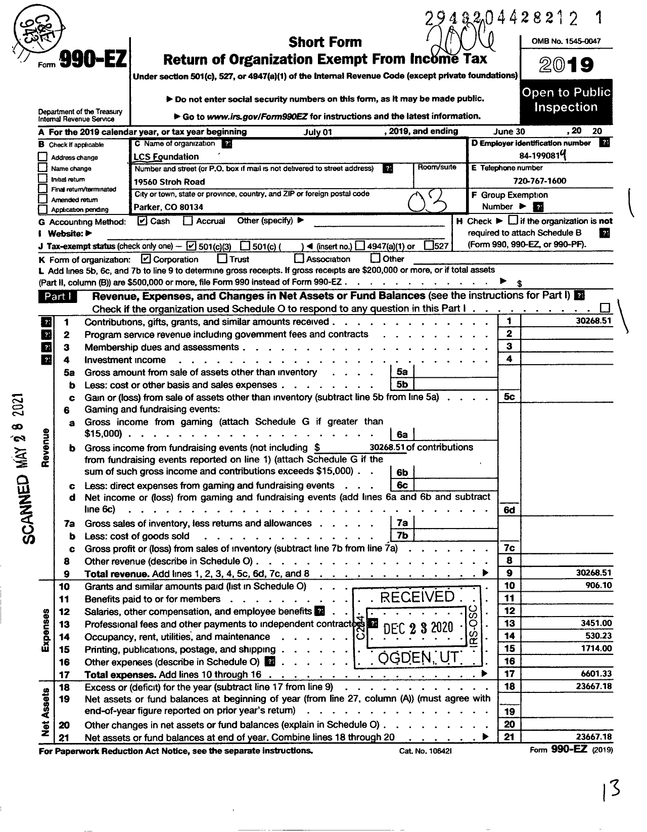 Image of first page of 2019 Form 990EZ for LCS Foundation