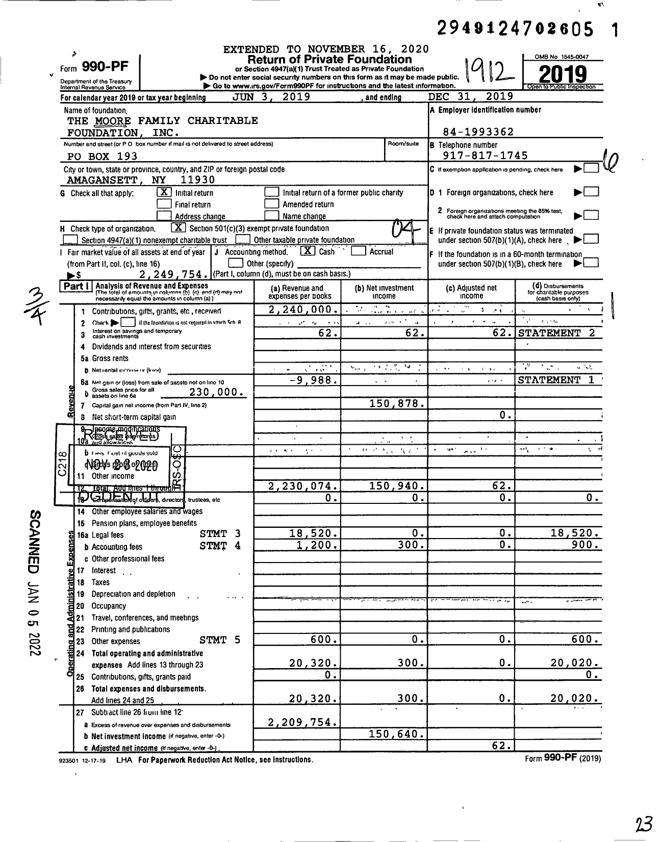 Image of first page of 2019 Form 990PF for The Moore Family Charitable Foundation