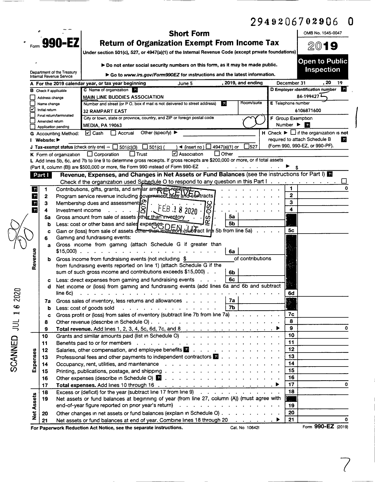 Image of first page of 2019 Form 990EO for Main Line Buddies