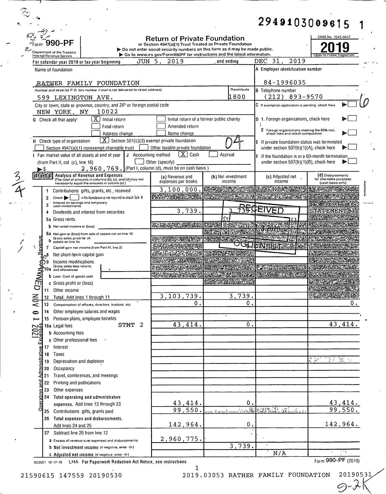 Image of first page of 2019 Form 990PF for Rather Family Foundation