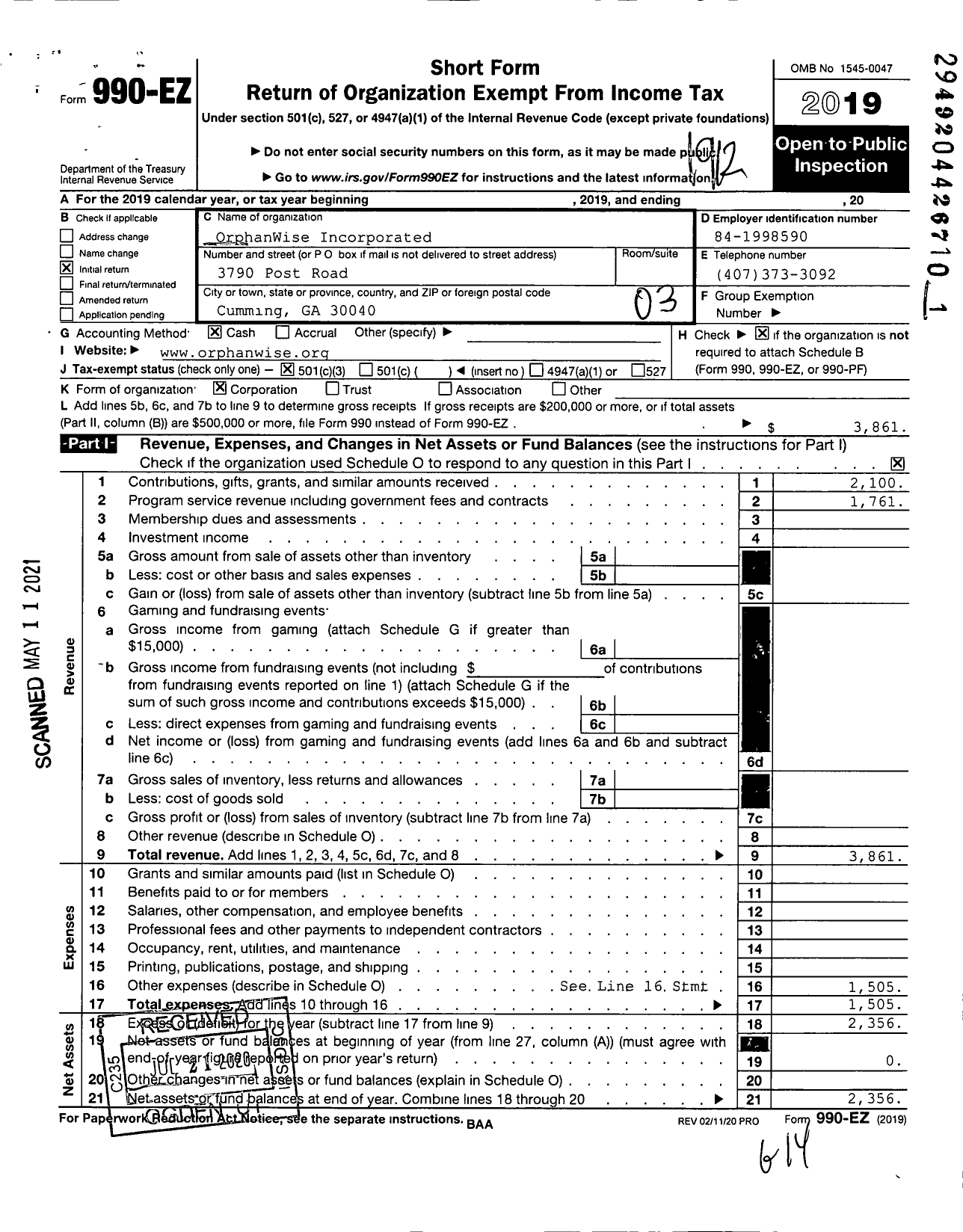 Image of first page of 2019 Form 990EZ for OrphanWise Incorporated