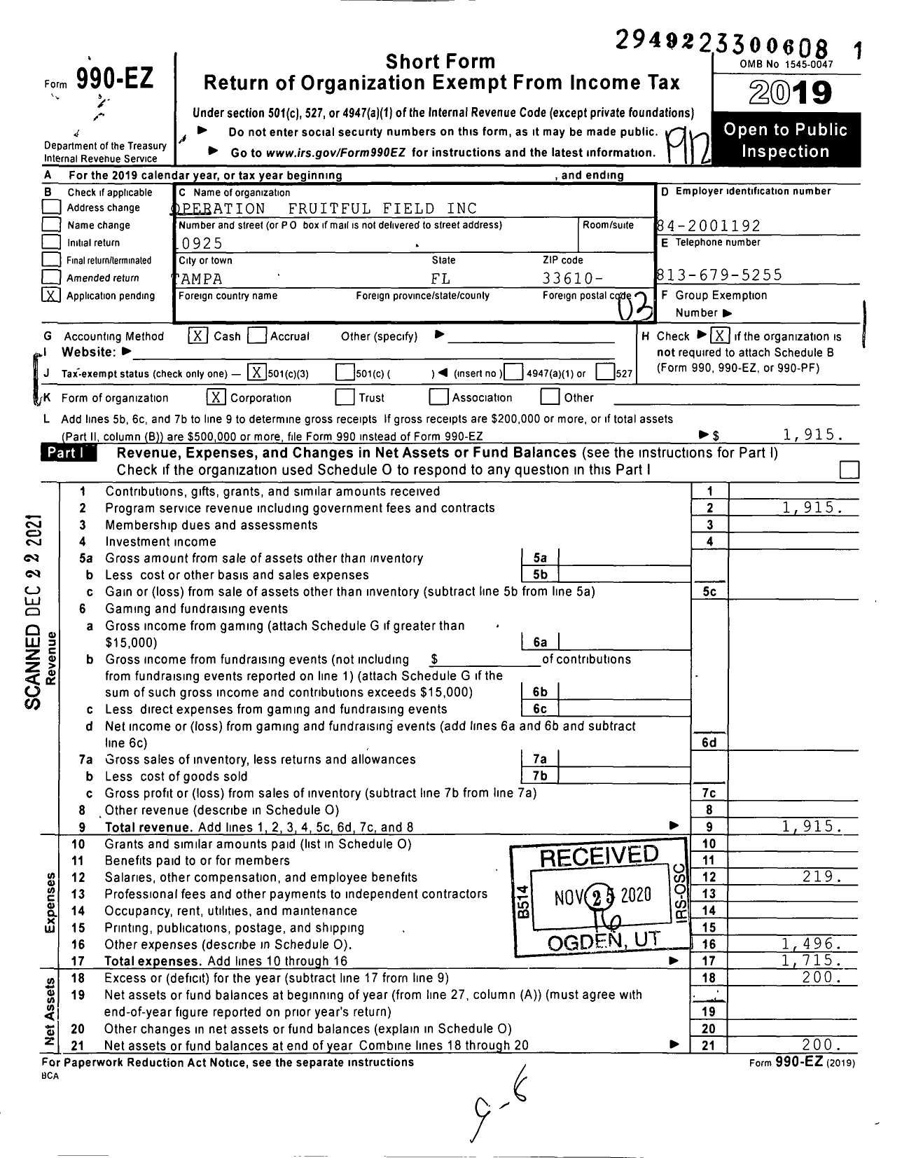 Image of first page of 2019 Form 990EZ for Operation Fruitful Field