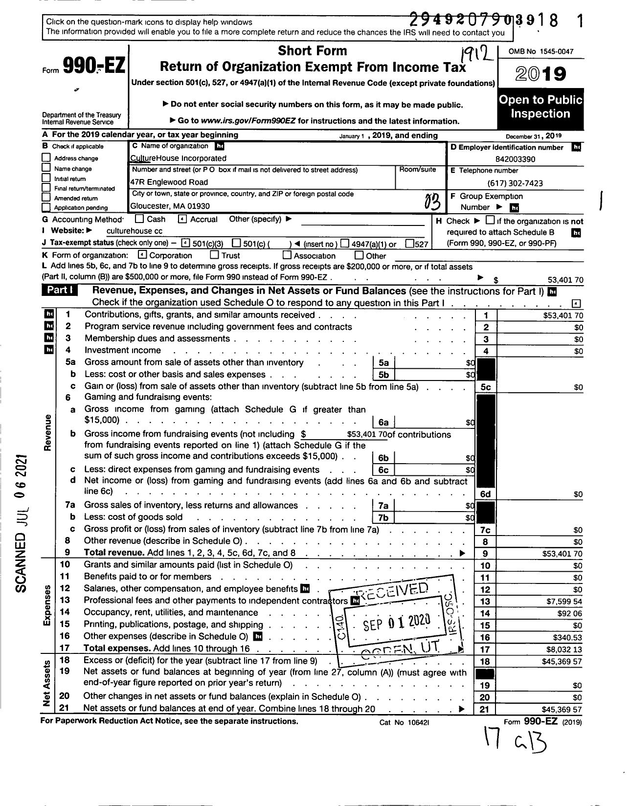 Image of first page of 2019 Form 990EZ for Culturehouse Incorporated